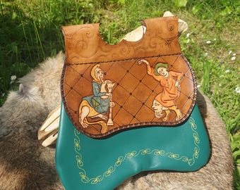 Medieval double-pocket leather purse, 15th-century style, with illumination of a grotesque musician and dancer, unique piece, made in May
