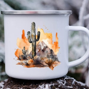 Wüstenkaktus Emaille Camping Kaffeebecher Wüstenlandschaft Kaktus Becher im Freien und Kaktus Liebhaber Geschenk