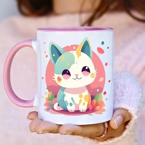 Kawaii Cat Coffee Mug Cartoon Kitty Mug Cat Lover Mug Cute Kawaii Style Colorful Cat Mug Kawaii Desk Mug Gift for Cat Lover Cat Lady Gift