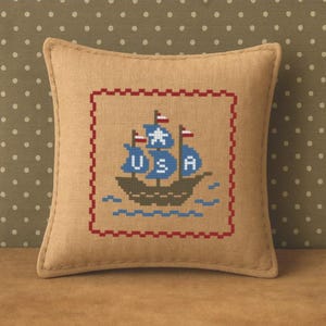 PDF Modèle de coussin primitif patriotique au point de croix Le vent du courageux bateau Americana conçu par Needle Treasures Coin Liberty Cross Stitch