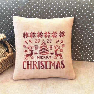 PDF Joyeux Noël par Needle Treasures, Echantillonnage rouge au point de croix dans le coin, design primitif, motif de Noël rouge, décoration vintage de Noël