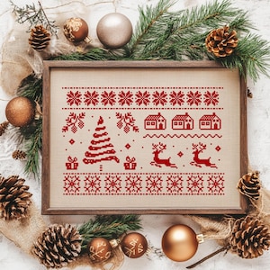 PDF Silent Night Splendor by  Needle Treasures Nook Cross Stitch Red Sampler Primitive, Christmas Red Pattern, Christmas Vintage Chart