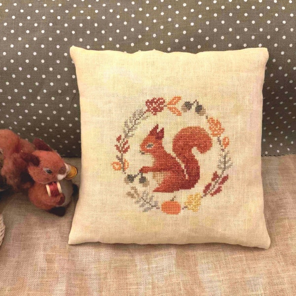 PDF Squirrel Wreath Rustic Woodland Squirrel Autumn Wreath Cross Stitch Pattern Fall Nature DIY Home Decor Needlepoint DMC Embroidery Chart