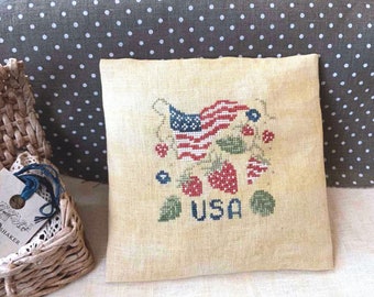 PDF Stars, Stripes, and Strawberries by Needle Treasures Nook Cross Stitch Patriotic Design Independence Day Chart, Primitive Liberty Design