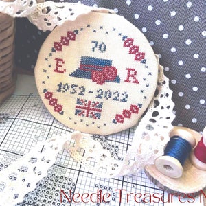 PDF Queen Elizabeth II 70 Platinum Jubilee Quaker by Needle Treasures Nook Cross Stitch Patriotic Design Her Majesty Hat United Kingdom Flag