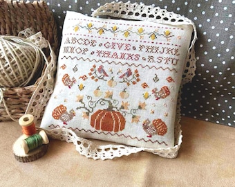 PDF Give Danke by Needle Treasures Nook Kreuzstich Truthahn Design Thanksgiving Herbstmuster, Kürbis Sampler