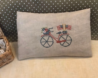 PDF Patriotic Bike by Needle Treasures Nook Cross Stitch Patriotic Design Independence Day Chart, Primitive Liberty Pattern White Red Blue