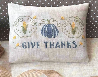 PDF Give Thanks II Treasures Nook Cross Stitch Autumn Design Thanksgiving Cross Stitch Design, Fall Decor Pattern, Blue Pumpkin Chart