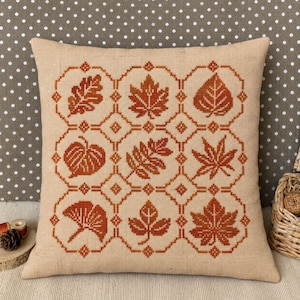 Autumn Nine Patch - Leaf Sampler Cross Stitch Pattern PDF, Nine Fall Leaves in One Chart, Monochrome Quilt Block, Easy Beginner