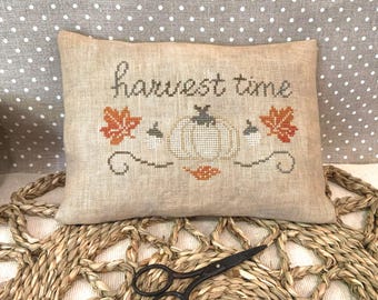 Harvest Time Cross Stitch Pattern PDF Primitive Autumn Sampler White Pumpkin Thanksgiving Needlework, Fall Decor Embroidery Chart