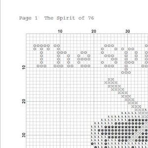 May include: A cross-stitch pattern with the text "The Spirit of 76" and the word "Liberty" in a grid format. The design includes a stylized image of a torch. The pattern is on a white background.