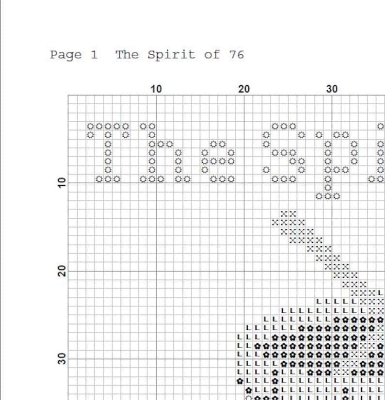 May include: A cross-stitch pattern with the text "The Spirit of 76" and the word "Liberty" in a grid format. The design includes a stylized image of a torch. The pattern is on a white background.