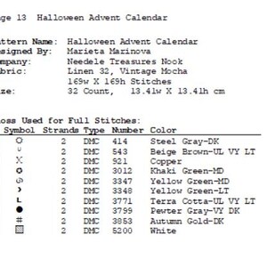 K&ouml;nnte beinhalten: Eine Tabelle mit den Garnfarben und DMC-Nummern, die f&uuml;r die Fertigstellung eines Halloween-Adventskalender-Kreuzstich-Musters ben&ouml;tigt werden. Das Muster wurde von Marieta Marinova entworfen und ist 13,41 Zoll mal 13,41 Zoll gro&szlig;.