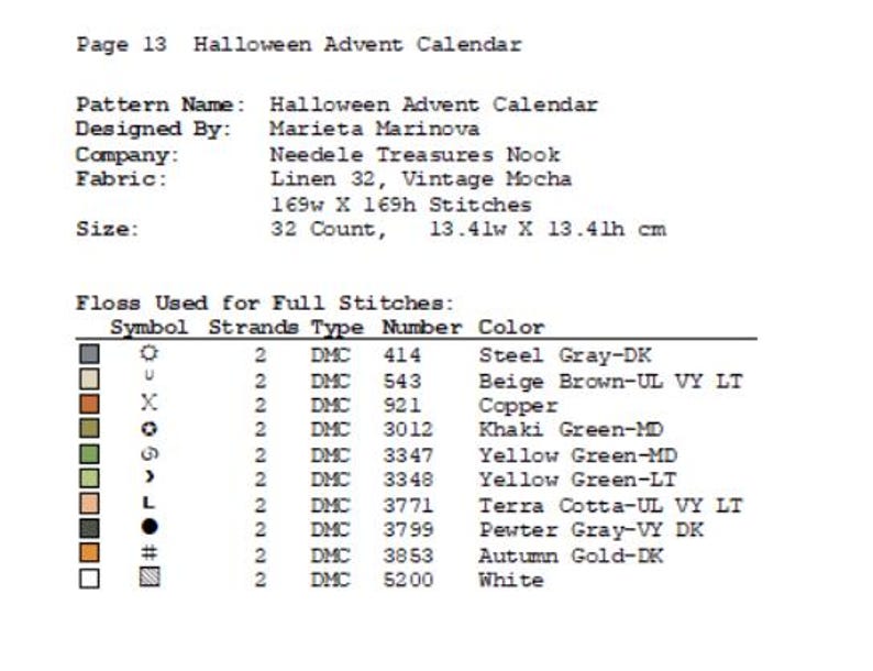 K&ouml;nnte beinhalten: Eine Tabelle mit den Garnfarben und DMC-Nummern, die f&uuml;r die Fertigstellung eines Halloween-Adventskalender-Kreuzstich-Musters ben&ouml;tigt werden. Das Muster wurde von Marieta Marinova entworfen und ist 13,41 Zoll mal 13,41 Zoll gro&szlig;.