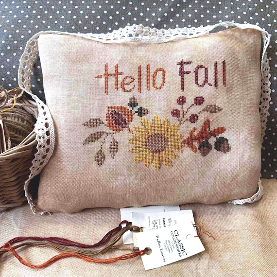 PDF Hello Fall Cross Stitch Autumn Leaves Design - Thanksgiving Fall Decor Pattern