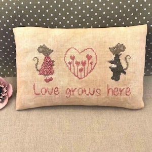 PDF Love Grows Here Cross Stitch Design by Needle Treasures Nook Cross Stitch St Valentine Design, Love Design, Modern Minimalist Mice Love