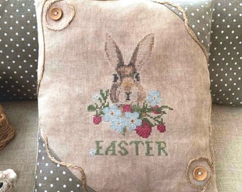 Easter Rabbit Cross Stitch Pattern PDF Primitive Bunny with Forget-Me-Not Flowers – Spring Easter Embroidery Chart by Needle Treasures Nook