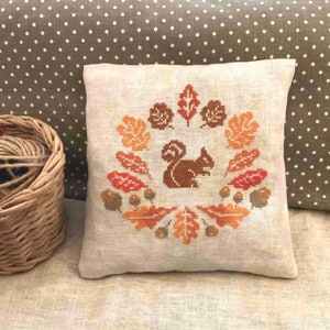 PDF Squirrel in the Fall by Needle Treasures Nook Squirrel gathering Fall Leaves and Acorns Cross Stitch Pattern Thanksgiving Quaker Chart