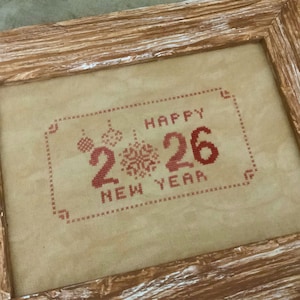 Frohes Neues Jahr 2026 Kreuzstich Urlaub Design Weihnachten Primitive Rot Sampler Festkarte