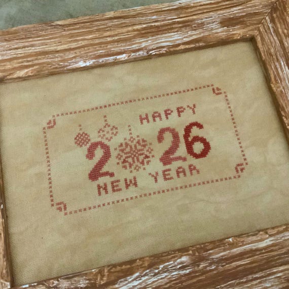 Happy New Year 2026 Cross Stitch Holiday Design Christmas Primitive  Red Sampler Festive Chart