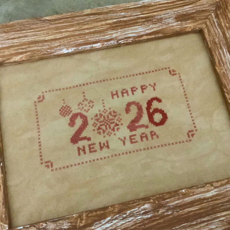 Happy New Year 2026 Cross Stitch Holiday Design Christmas Primitive Red Sampler Festive Chart image 1