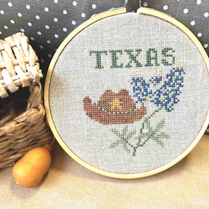 PDF Bonnet bleu du Texas par Needle Treasures coin, point de croix, conception patriotique, symboles du Texas, point de croix, motif primitif de chapeau de cowboy