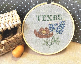May include: A brown cowboy hat with a yellow star and bluebonnet flowers embroidered on a beige fabric background. The text "TEXAS" is stitched in green above the hat and flowers.