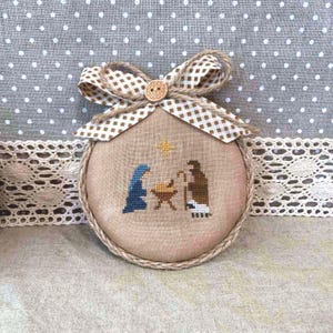 Silent Night Nativity Cross Stitch Pattern – Primitive Christmas Ornament PDF, Holy Manger Scene