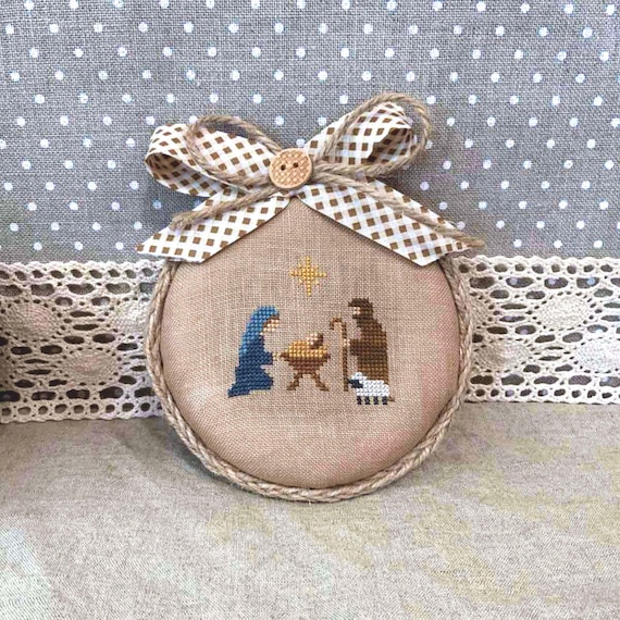 Silent Night Nativity Cross Stitch Pattern – Primitive Christmas Ornament PDF, Holy Manger Scene