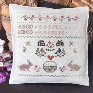 PDF Easter Rabbits by Needle Treasures Nook Cross Stitch Baby Squirrels Design Flowers Primitive Cross Stitch Design, Primitive Sampler