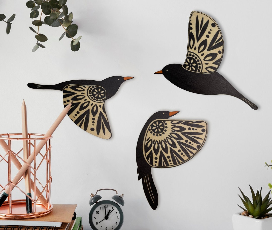 3 Folk Art Wooden Flying Blackbirds Wall Decor Hangings Etsy