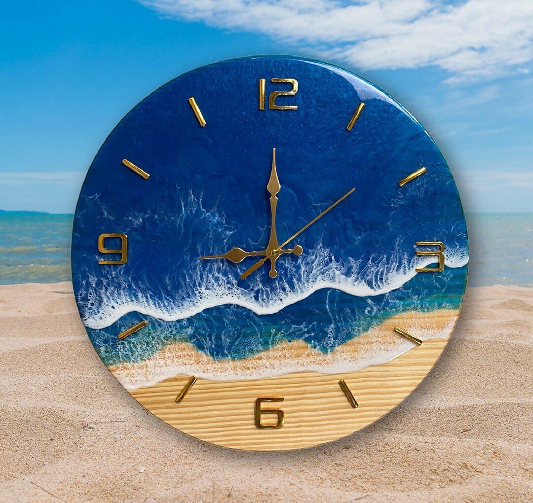 Resin Wood Wall Clock Beach 16 Custom Epoxy Wave Etsy
