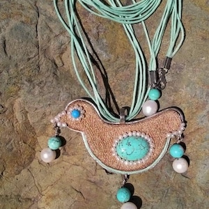 Handmade embroidered pendant necklace,stainless steel hand-embroidered pendant necklace.Jewelry for a woman,gift for her, Turquoise, pearls.