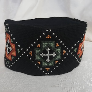 Hand-embroidered fabric hat, Christian priest hat skufia, Georgian hat embroidered with traditional ornament, Cross stitch, Made to order.