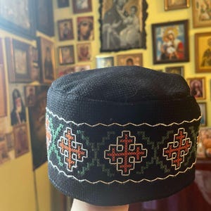 Hand embroidered hat,skufia,Fabric hat,Embroidered hat, Georgian traditional embroidery. Embroidered cross on the hat.Georgian hat.