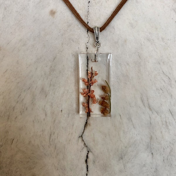 Cones and 'Rose' Goldenrod Resin Pendant - Manitoba Made - Dried Flower Epoxy Necklace - Handmade Boho Chic Jewelry