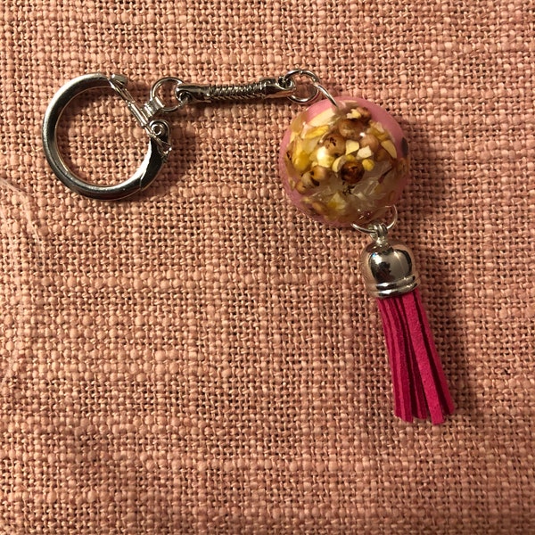 Pink Birdseed Round Resin Pendant with Pink Leather Tassel Keychain - Manitoba Made - Handmade Epoxy Key Charm