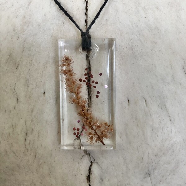 Clear Rectangle Resin Pendant with Dried Canada Goldenrod - Manitoba Made - Dried Flower Epoxy Necklace - Handmade Boho Chic Jewelry