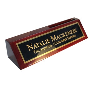 Engraved Desk Name Plate, Custom Name Sign with Rosewood Piano Finish and Card Holder