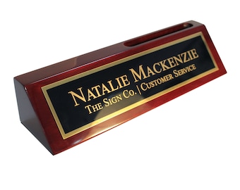 Engraved Desk Name Plate, Custom Name Sign with Rosewood Piano Finish and Card Holder