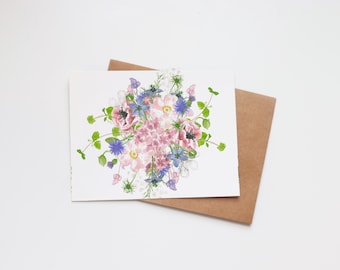 Carte de voeux florale vierge | de correspondance vierges à l'aquarelle | Fleurs Jardin d'abeilles | Toute occasion