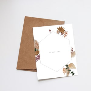 Carte de remerciement aquarelle faite main avec fleurs séchées bohèmes vintage