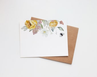 Blank Floral Greeting Card | Watercolor Blank Note Cards | Flowers Garden Bee | Any Occasion