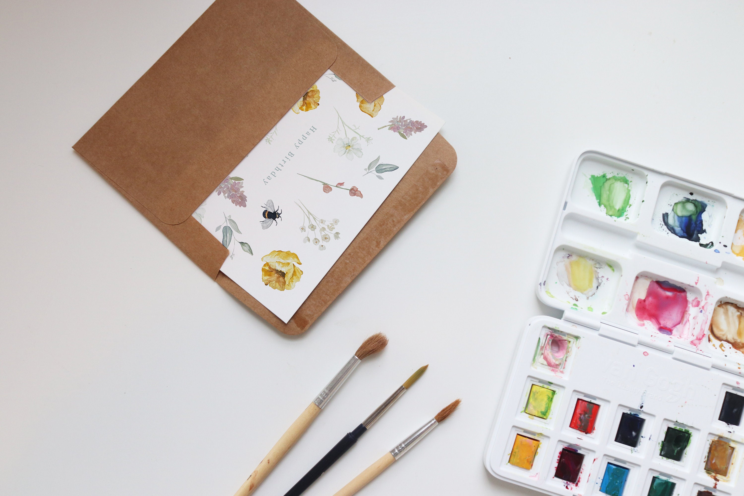 Watercolor Floral Birthday Card: Handmade Garden Bee Design - Etsy