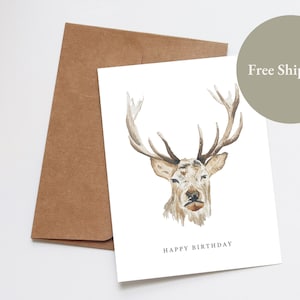 Carte d'anniversaire rustique design cerf - Artisan peint à la main