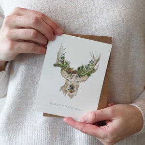 Christmas Watercolor Cards Illustrated Holiday Cards Holiday Gift Card Blank Merry Christmas Deer Wildlife Greenery Floral Winter image 2