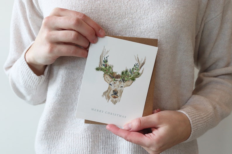 Christmas Watercolor Cards Illustrated Holiday Cards Holiday Gift Card Blank Merry Christmas Deer Wildlife Greenery Floral Winter image 2