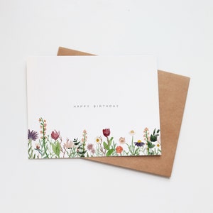 Aquarelle de carte d'anniversaire | Carte de voeux faite main | Anniversaire maman soeur fille amie petite amie | Jardin de tulipes florales de fleurs sauvages