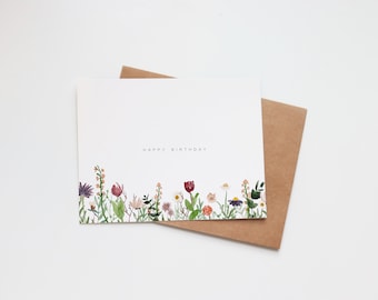 Aquarelle de carte d'anniversaire | Carte de voeux faite main | Anniversaire maman soeur fille amie petite amie | Jardin de tulipes florales de fleurs sauvages