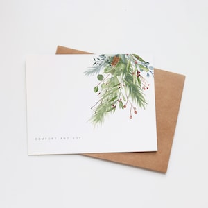 Tarjetas navideñas con acuarela - Tarjetas festivas ilustradas - Regalos navideños - Tarjetas en blanco - Feliz Navidad - Invierno con flores y vegetación - Alegría reconfortante